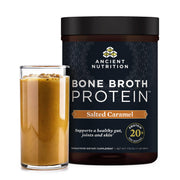 Ancient Nutrition bone broth protein tub with salted caramel for convenient daily protein.