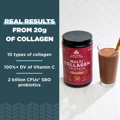 Ancient Nutrition chocolate collagen shake in glass showing versatile daily drink.