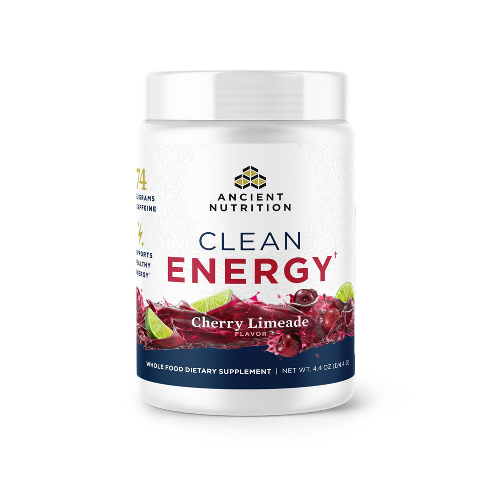 Ancient Nutrition Clean Energy Powder Cherry Limeade bottle promotes steady energy.