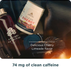 Ancient Nutrition Clean Energy Powder pour demonstrates easy mix into water or smoothie for on-the-go energy.