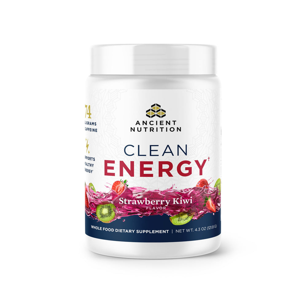 Ancient Nutrition Clean Energy Powder tub showing strawberry kiwi flavor for a steady energy boost