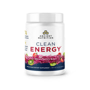 Ancient Nutrition Clean Energy Powder tub showing strawberry kiwi flavor for a steady energy boost