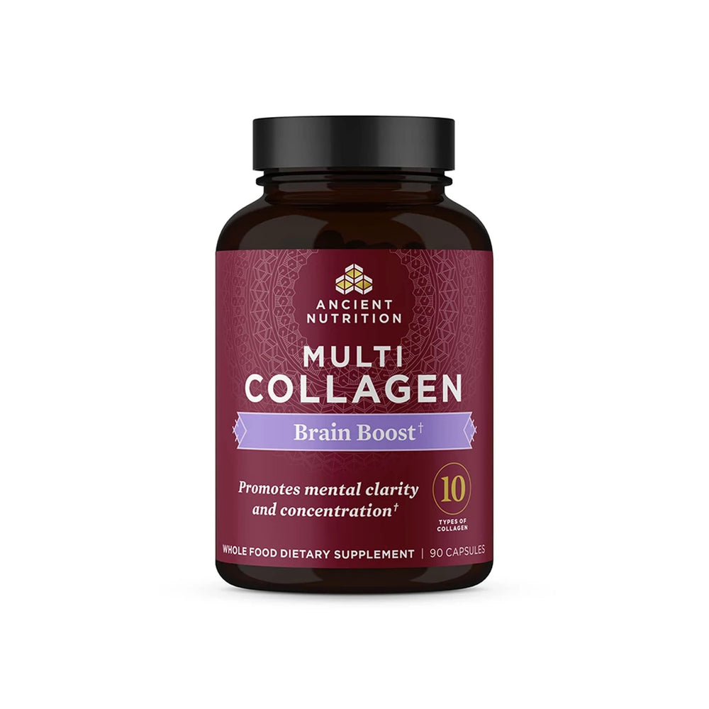Ancient Nutrition Collagen Brain Boost bottle for daily wellness and joint support.