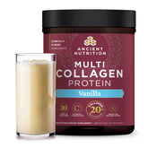 Ancient Nutrition collagen peptides vanilla bottle shows 60 servings for skin, joints, and gut support.
