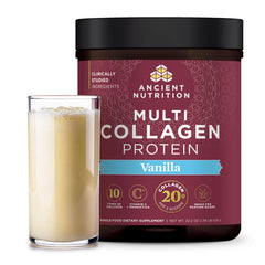 Ancient Nutrition collagen peptides vanilla bottle shows 60 servings for skin, joints, and gut support.