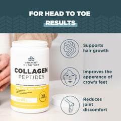 Ancient Nutrition Collagen Peptides Vanilla label close-up shows clean ingredients.