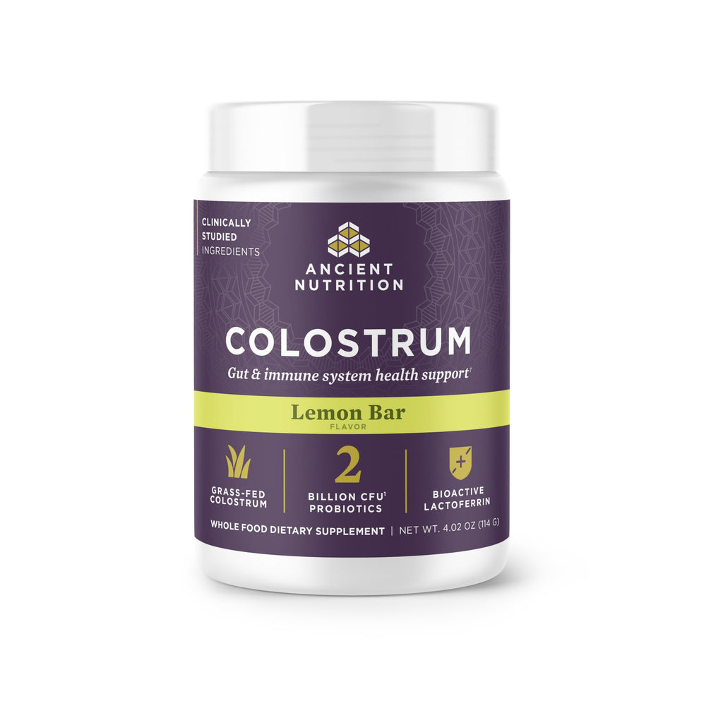 Ancient Nutrition Colostrum powder bottle with lemon bar flavor ready for daily gut wellness.