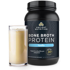 Ancient Nutrition grass-fed bone broth protein powder vanilla jar showing a protein-rich supplement
