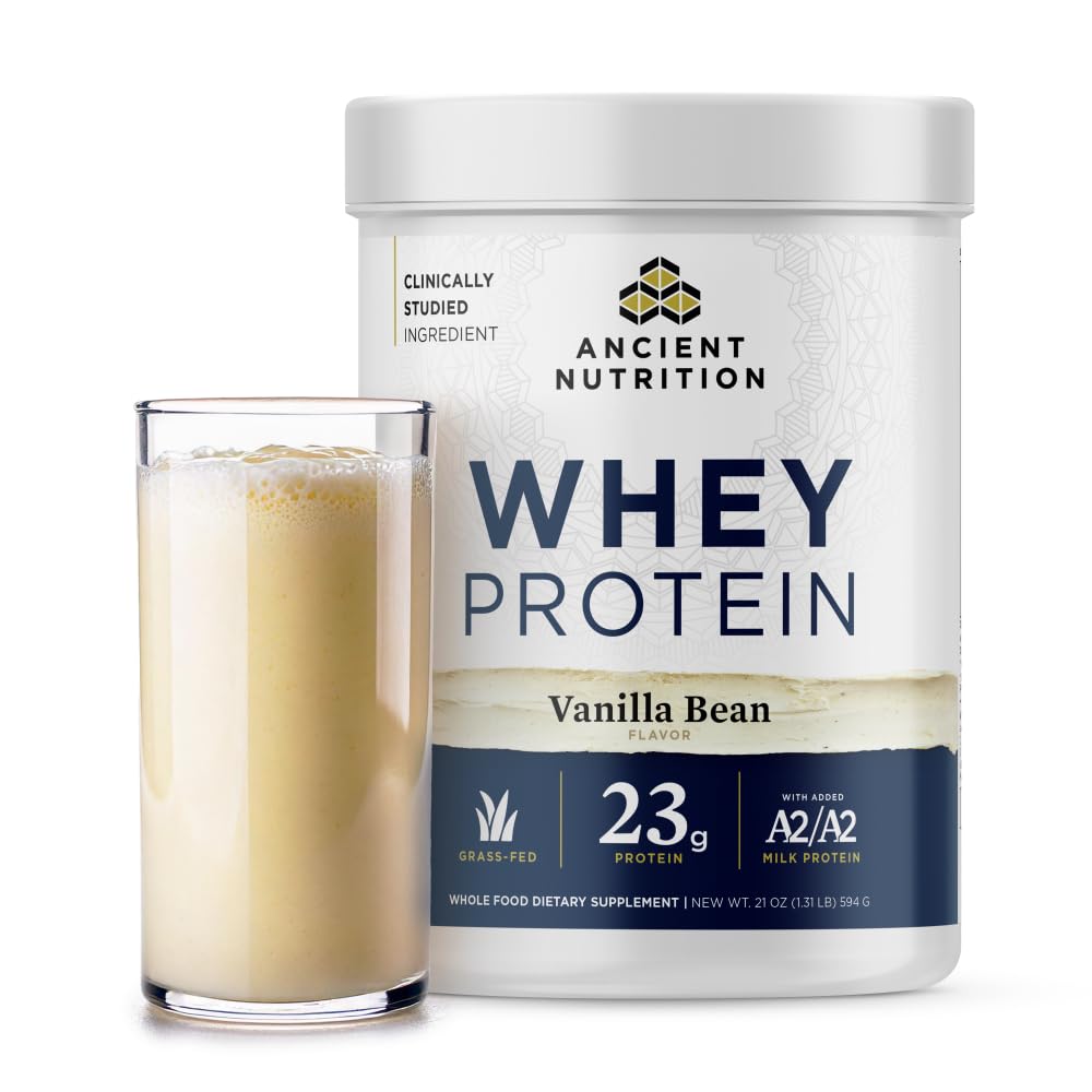 Ancient Nutrition grass-fed whey protein vanilla tub for post-workout shakes.