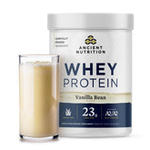 Ancient Nutrition grass-fed whey protein vanilla tub for post-workout shakes.