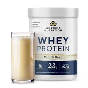 Ancient Nutrition grass-fed whey protein vanilla tub for post-workout shakes.