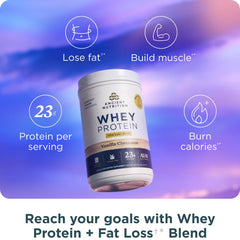 Ancient Nutrition grass-fed whey vanilla cinnamon powder ideal for smoothies and on-the-go protein.