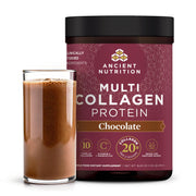 Ancient Nutrition hydrolyzed collagen chocolate tub front for convenient daily collagen support.