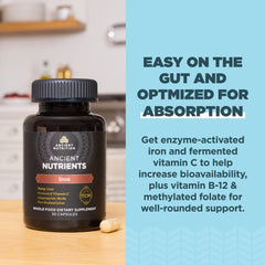 Ancient Nutrition Iron 30ct bottle with bone broth cues suggesting collagen-rich nourishment.
