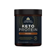 Ancient Nutrition KetoPROTEIN chocolate powder can showing bone broth protein for keto fueling.