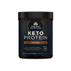 Ancient Nutrition KetoPROTEIN chocolate powder can showing bone broth protein for keto fueling.
