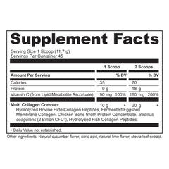 Ancient Nutrition label close-up showing cucumber lime flavor and protein blend