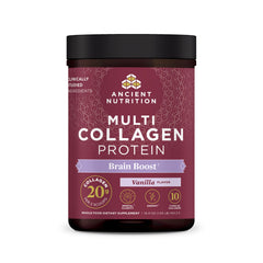 Ancient Nutrition Multi Collagen Brain Boost tub ready for daily skin and joint support.