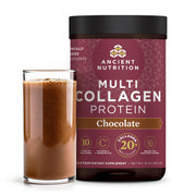 Ancient Nutrition Multi Collagen Chocolate tub front view showing flavor and protein boost