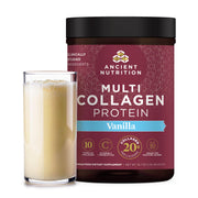 Ancient Nutrition Multi Collagen Protein Vanilla tub shown with label and scoop, highlighting overall benefits.