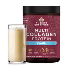 Ancient Nutrition Multi Collagen Protein Vanilla tub shown with label and scoop, highlighting overall benefits.