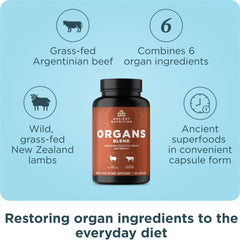 Ancient Nutrition packaging closeup reveals grass-fed and wild organ sources.