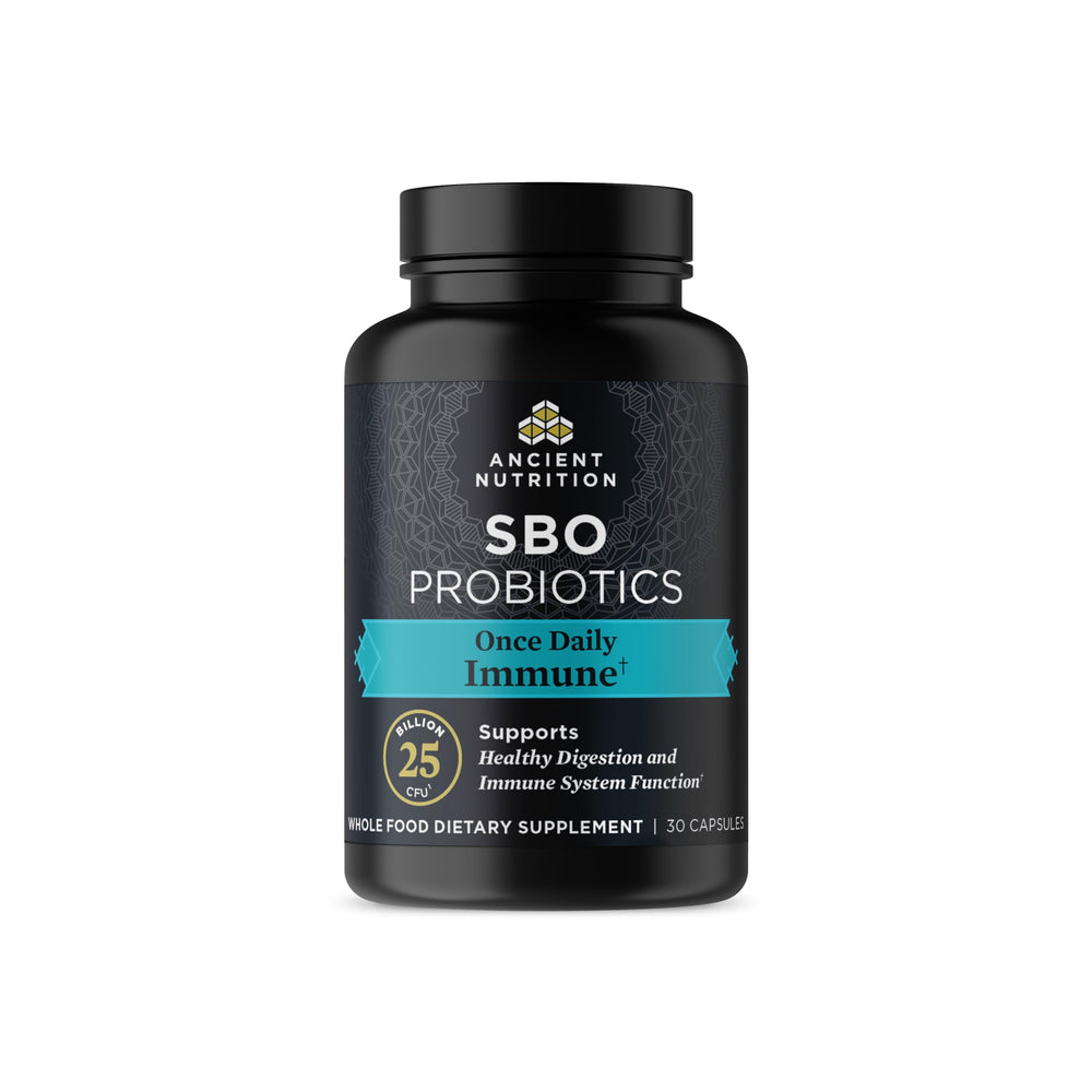 Ancient Nutrition Probiotics Once Daily bottle front displays 30 capsules for daily digestion support.