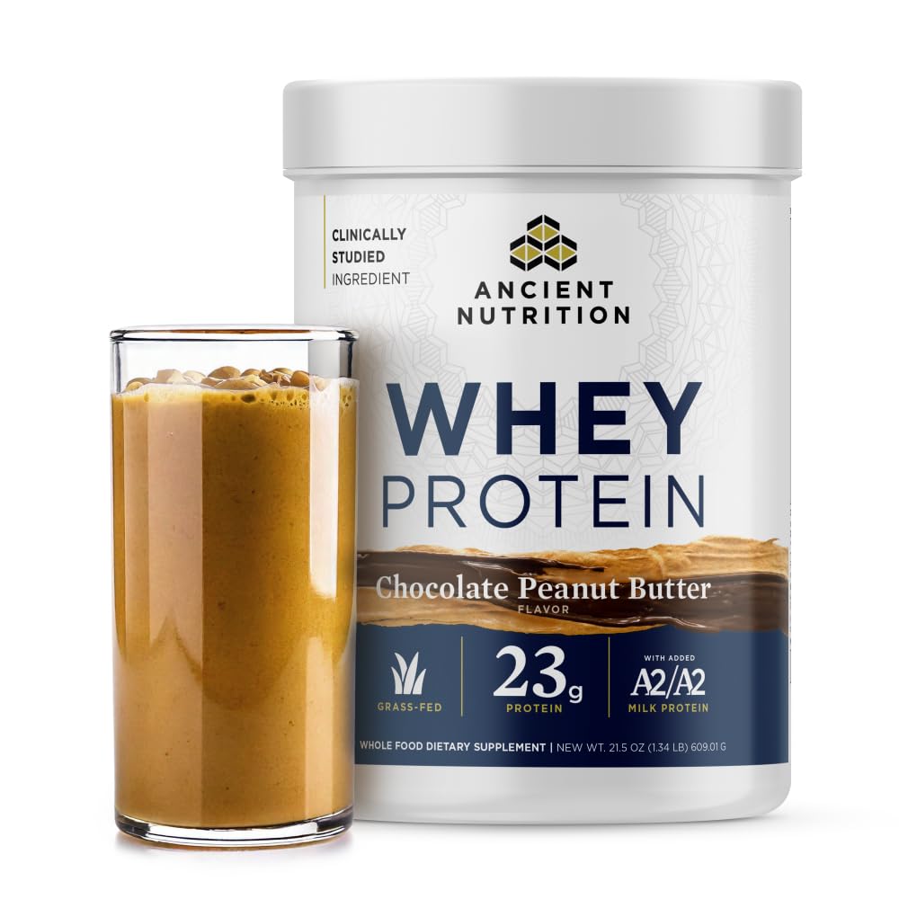 Ancient Nutrition proteina whey chocolate mantequilla de cacahuete, batido delicioso para entrenamientos.