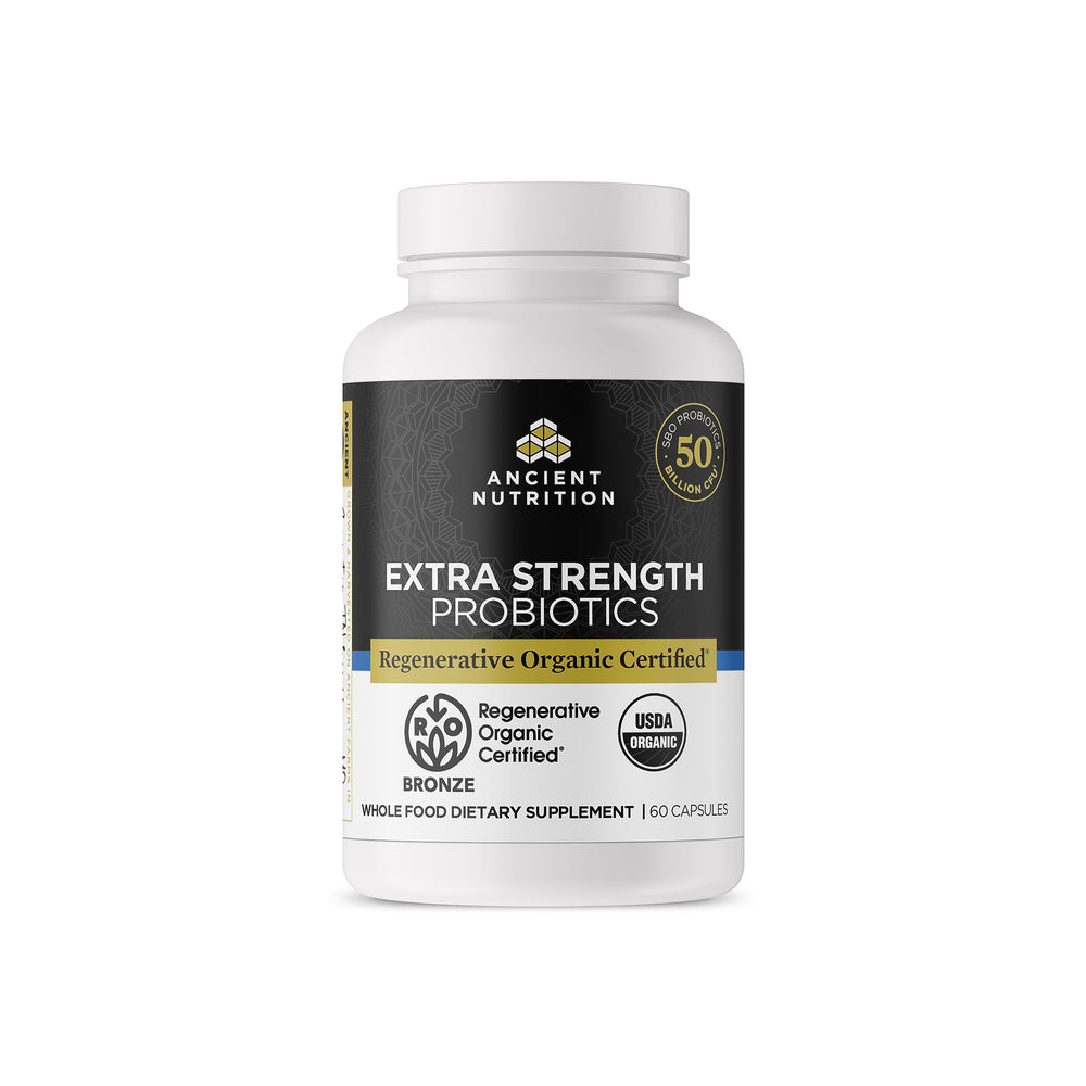 Ancient Nutrition probiotic bottle with label shows regenerative organic potency