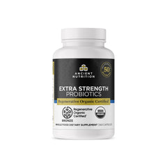 Ancient Nutrition probiotic bottle with label shows regenerative organic potency