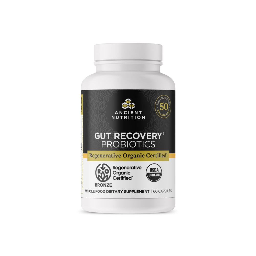 Ancient Nutrition regenerative organic probiotics bottle shows 50B CFU for gut support