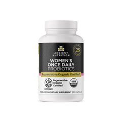 Ancient Nutrition women's probiotic bottle promotes digestive balance.