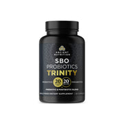 Ancient Nutrition SBO Probiotic Trinity bottle on shelf for daily digestive support.
