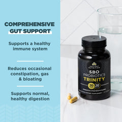 Label detail of Ancient Nutrition SBO Probiotic Trinity showing 40B CFU blend.