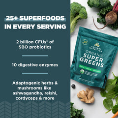 Ancient Nutrition Super Greens with spirulina and chlorella highlight key ingredients.