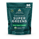 Ancient Nutrition Super Greens tub label showing organic blend for daily nourishment.