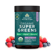 Ancient Nutrition SuperGreens bottle and scoop for convenient daily greens boost.
