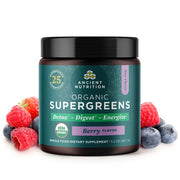 Ancient Nutrition SuperGreens canister closeup highlighting premium greens and probiotic blend for daily energy support.