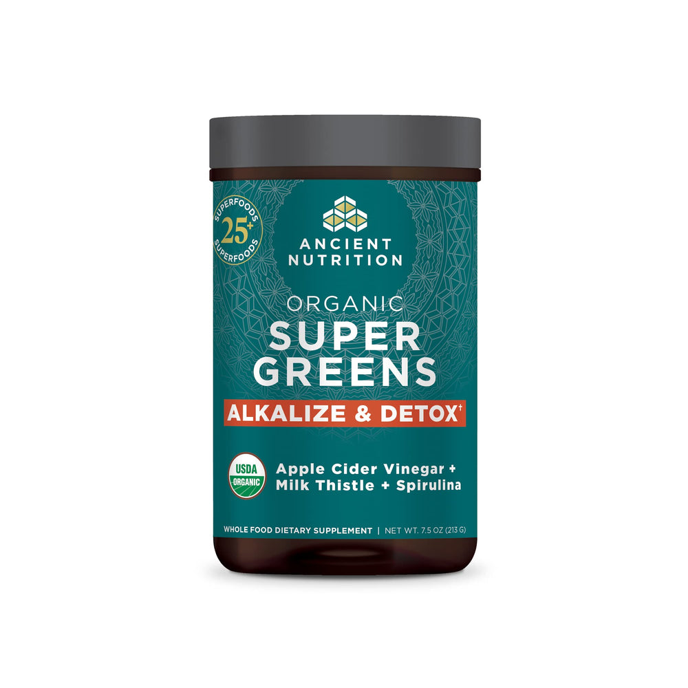 Ancient Nutrition Supergreens detox-alkalize tub with label, ready for daily detox.