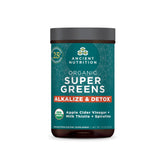 Ancient Nutrition Supergreens detox-alkalize tub with label, ready for daily detox.