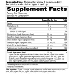 Ancient Nutrition Supergreens Gummy ingredients with spirulina and berries for vitality.