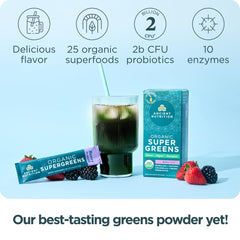 Ancient Nutrition SuperGreens organic ingredients mix highlighting probiotics and greens.
