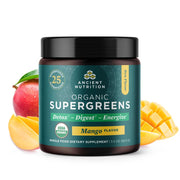 Ancient Nutrition SuperGreens powder front tub for daily greens and antioxidant support.