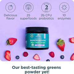 Ancient Nutrition SuperGreens probiotics capsules highlight gut-friendly support and probiotic diversity.