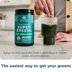 Ancient Nutrition SuperGreens shake with berries shows energizing daily routine.