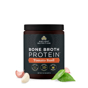 Ancient Nutrition bone broth protein powder tub with tomato basil for a savory gut-supporting sip