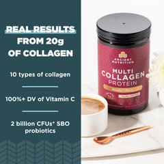 Ancient Nutrition vanilla-chai powder stirred into a cup for flavorful daily hydration.