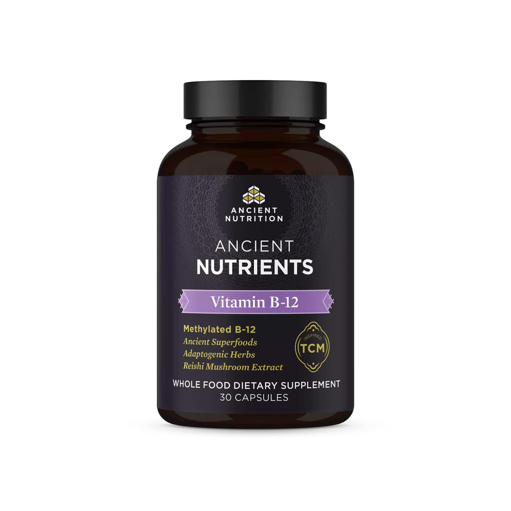 Ancient Nutrition Vitamin B12 bottle ready for daily energy support.