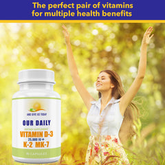 Our Daily Vites D3-K2 softgels close-up highlights immune and bone support.