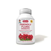 ANDREW LESSMAN Friendly Flora bottle on counter showing product branding and usage context, supports daily balance